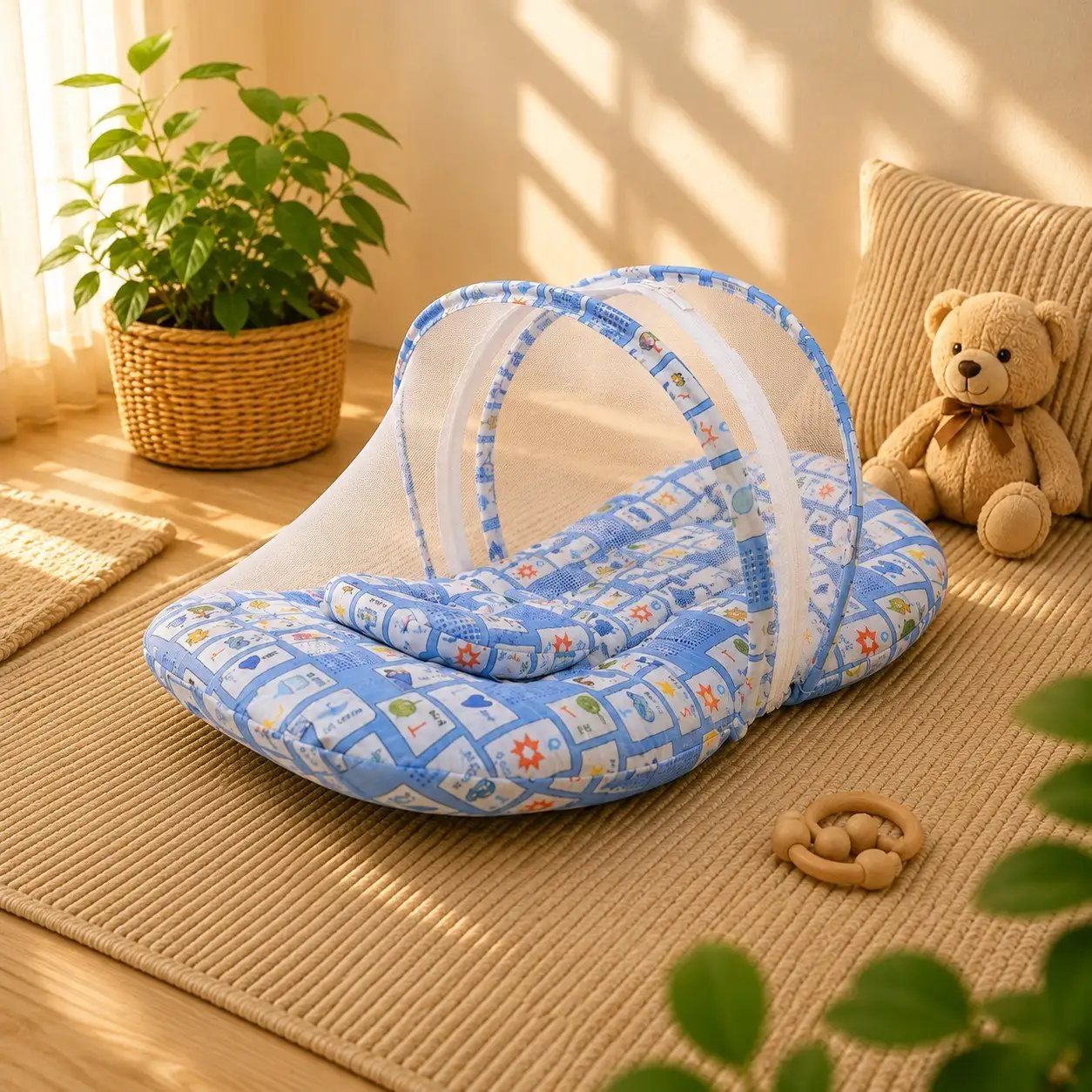 Born Baby Bedding Set Mattress with Mosquito Net and Pillow - Sky Blue