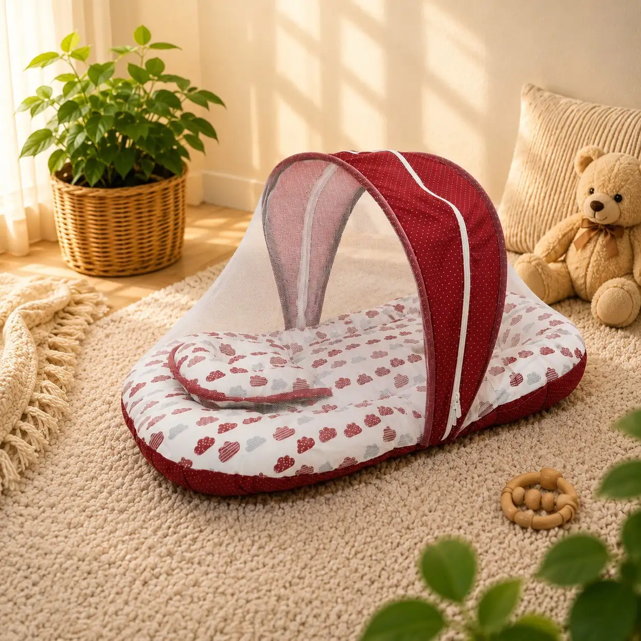 Baby Bedding Set Mattress with Mosquito Net and Pillow - Red